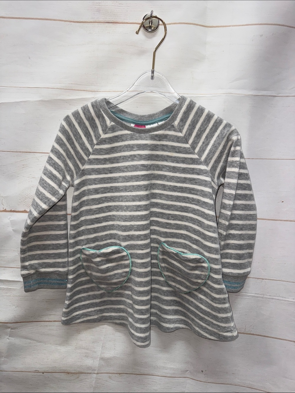 Mini Boden Gray & White Stripe Long-Sleeve Tunic with Heart Pockets Size 2-3